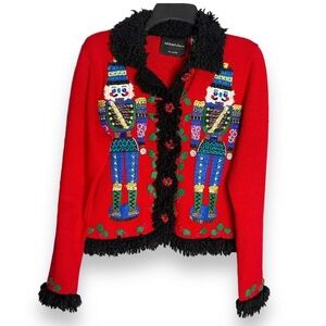 Michael Simon Womens Sz M Beaded Nutcracker Sweater Cardigan Black Fringe Trim